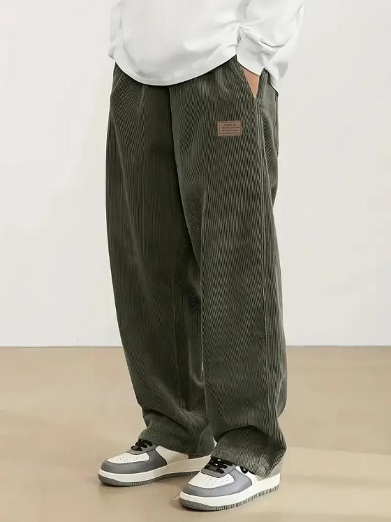 Men's Dark Green Loose Fit Corduroy Cargo Style Trouser